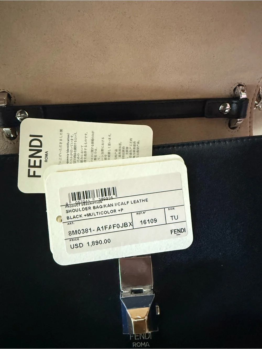 Fendi Black Leather Shoulder Bag with Multicolor Push-Lock—Authentic